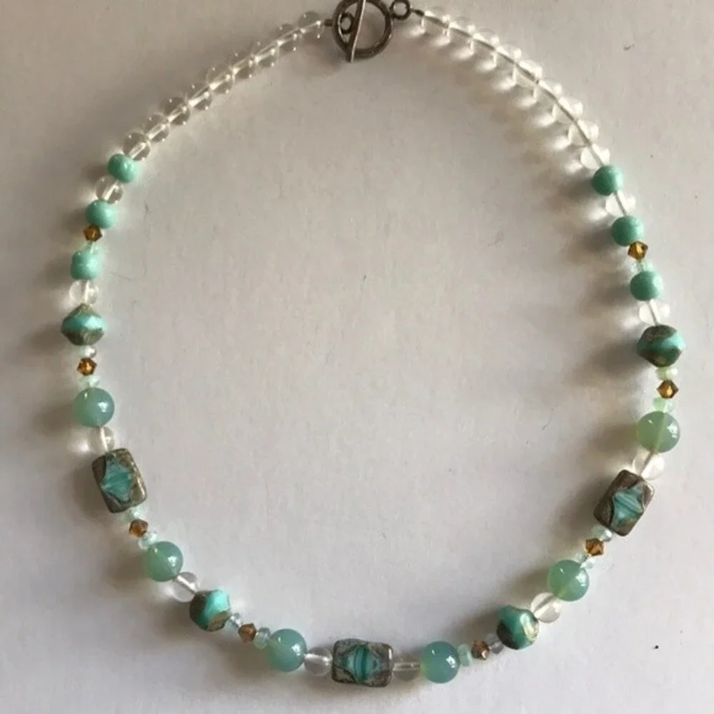 Vintage Handmade Teal Amazonite Rock Crystal Beads Swarovski Sterling Necklace